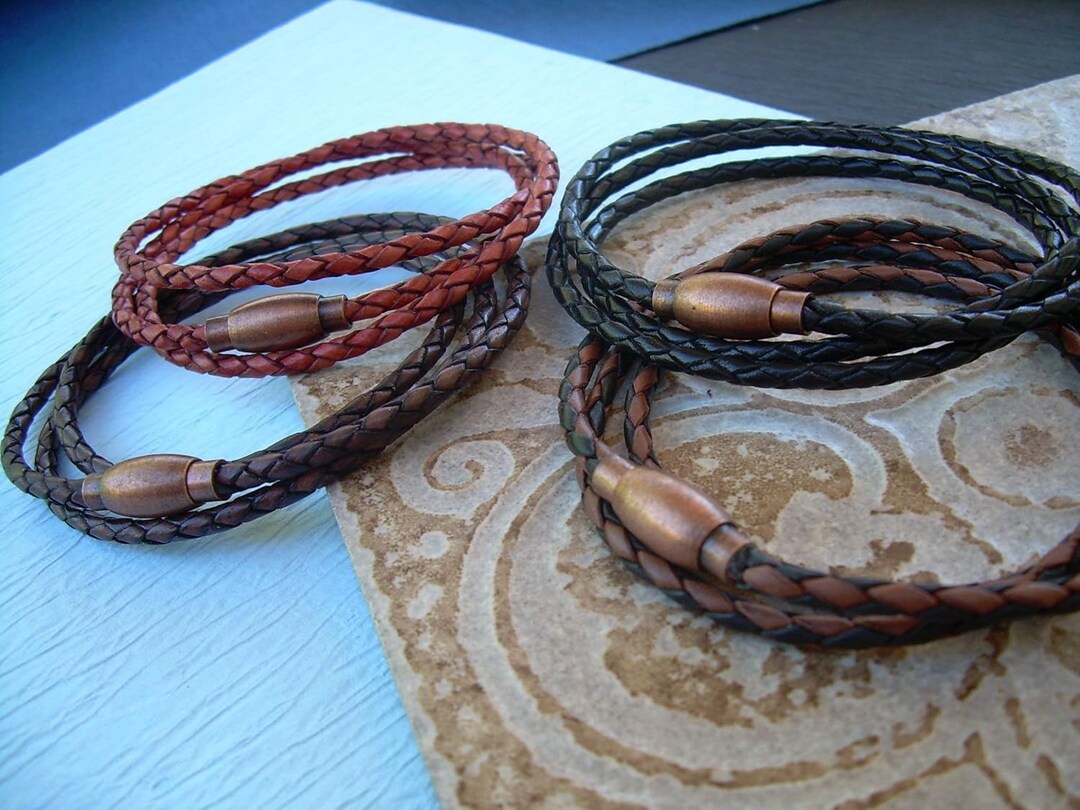 Thin Leather Bracelet, Handmade Wrap Bracelet, Triple Wrap Braided Leather Bracelet, Copper Toned Magnetic Clasp | MakerPlace by Michaels